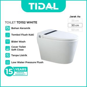 TIDAL Toilet Kloset Duduk TD152 White dengan soft close, siphonic flush kuat, bidet higienis, praktis tanpa listrik, dan garansi hingga 15 tahun.