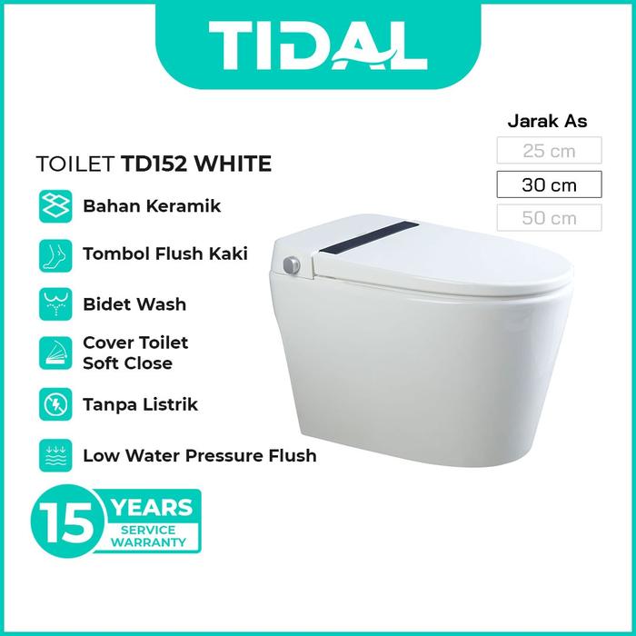 TIDAL Toilet Kloset Duduk TD152 White dengan soft close, siphonic flush kuat, bidet higienis, praktis tanpa listrik, dan garansi hingga 15 tahun.